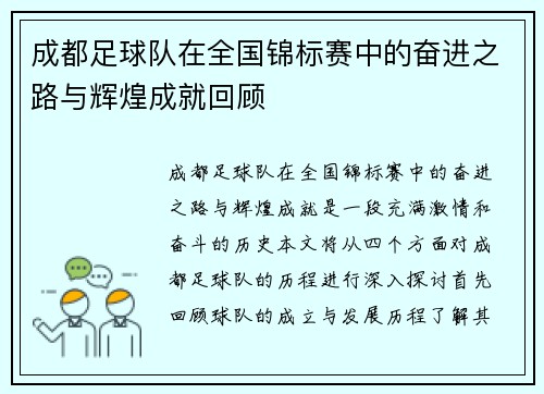 成都足球队在全国锦标赛中的奋进之路与辉煌成就回顾